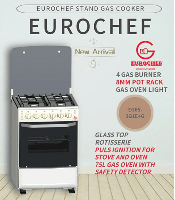 Eurochef Cooker EG55-4G+E OVEN Free Stand Glass Top Cooker, rotisserie Silver, 60L