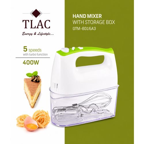 TLAC Hand Mixer 400W With Bowl, 5 Speed + Turbo Function, GTM-8016A3 White & Green