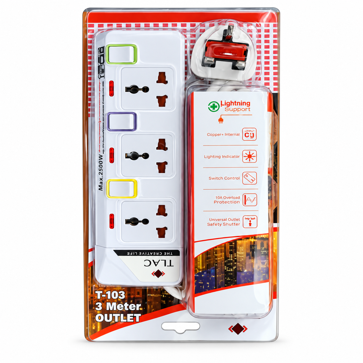 TLAC Extension cable 3 Way Power With Surge Protector T-103