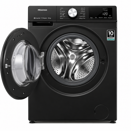 Hisense Washing Machine WD5S1245BB Washer And Dryer 12KG/8KG – Front Load, Inverter Motor, Steam Wash, Fully Automatic – Black