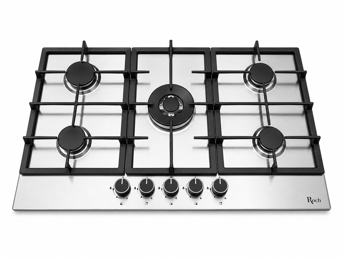 Roch Hob Built In 90cm 5 Burner With Wok Stainless Steel, Auto Ignition, LPG Compatible