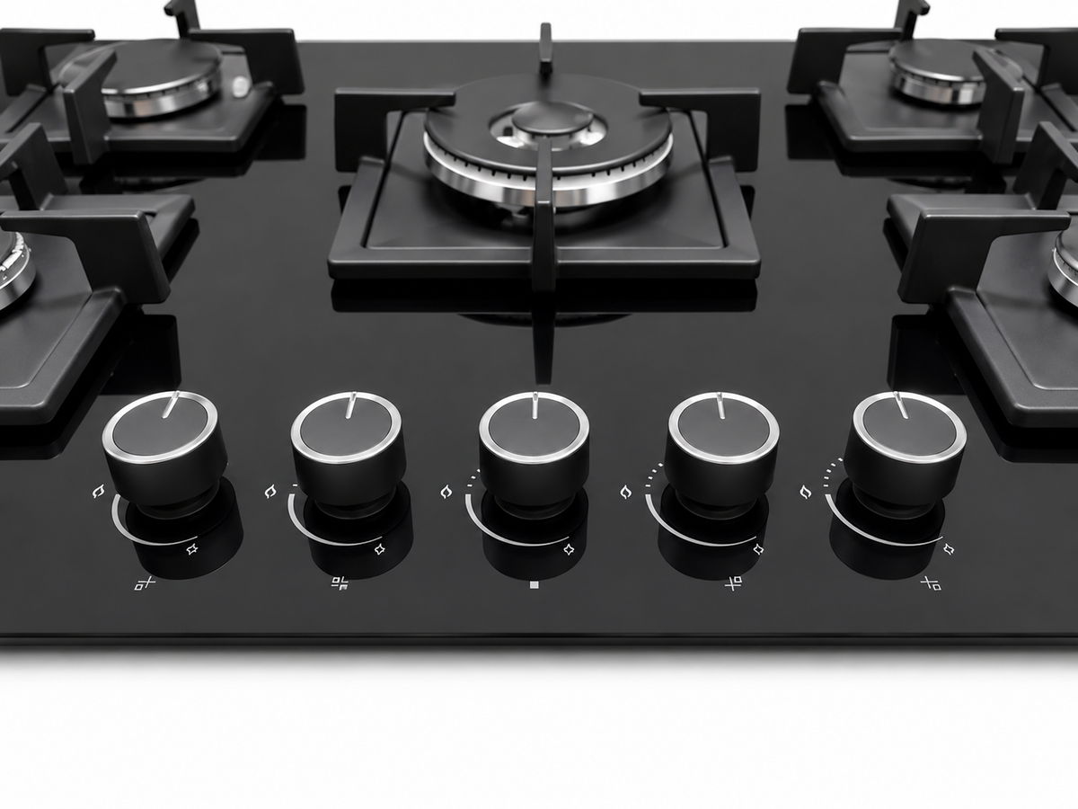 Roch Hob Built In 90cm 5 Burner With Wok Black Tempered Glass Top, Auto Ignition RBH 9050 GLB