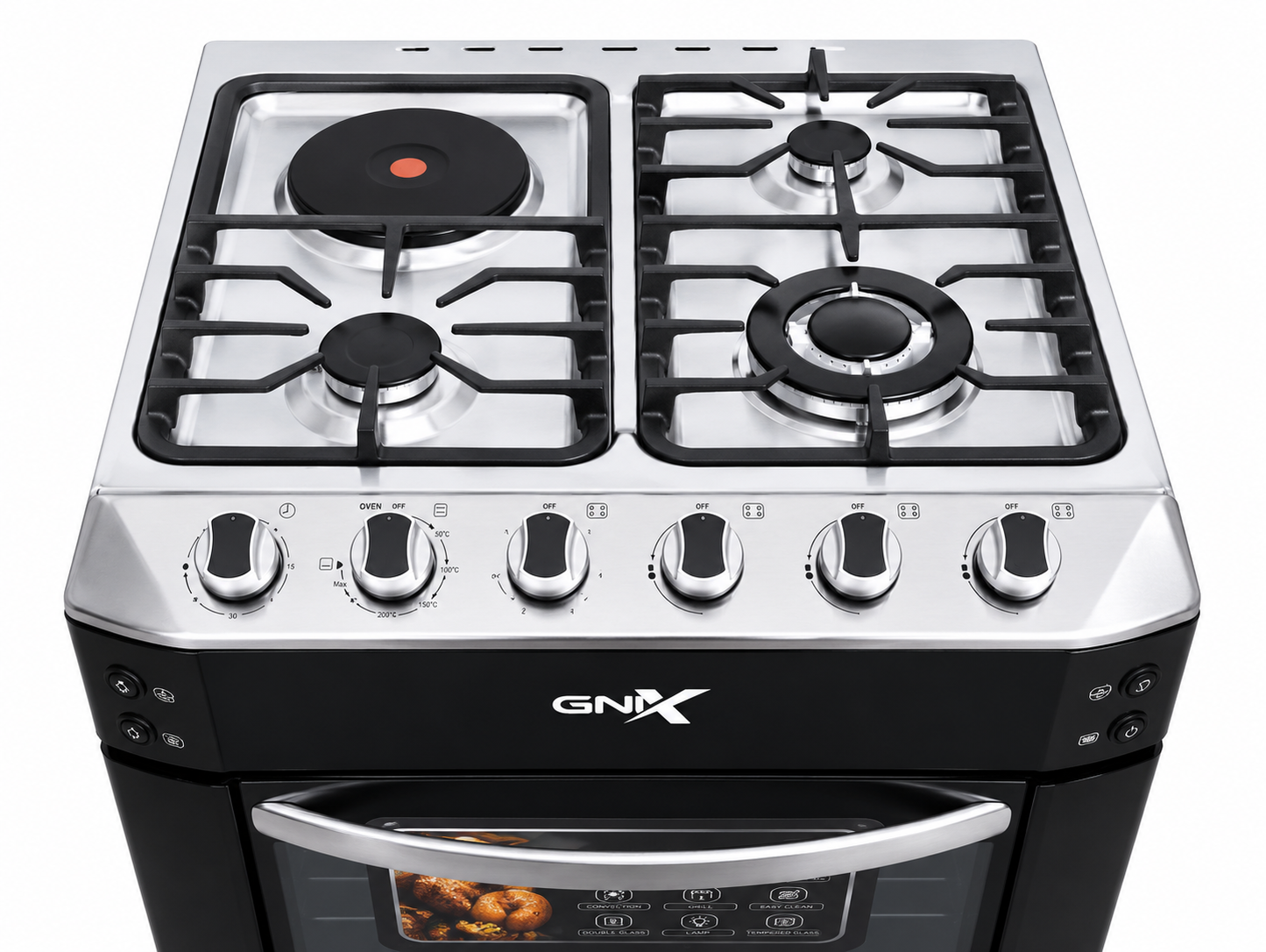 GNIX 60x60 Cooker 3 Gas Burners + 1 Rapid Hotplate, Electric Oven With Turbo Fan, Rotisserie, Gas Leak Sensor ,Wok Burner, Auto Ignition