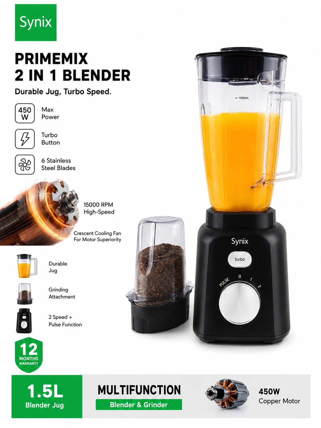Synix 2 In 1 Blender And Grinder , 450W High-Speed Motor, 1.5L Jug, Turbo Function, Stainless Steel Blades, Black