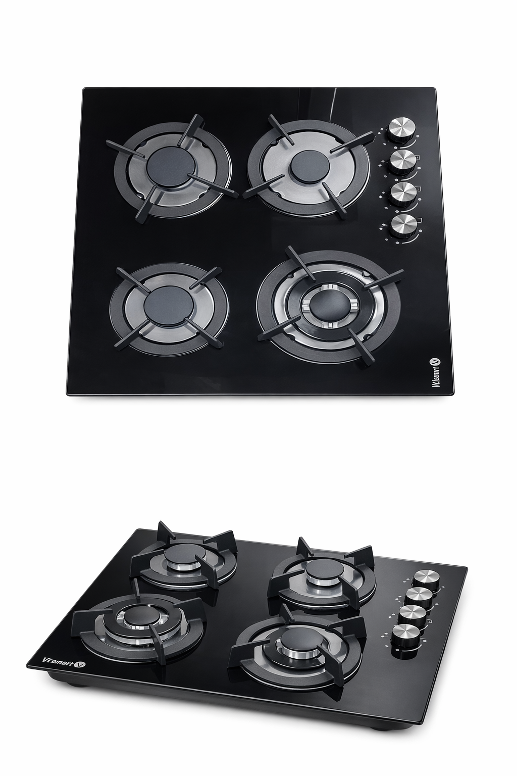 Volsmart 4 Burner Tempered Black Glass Hob, Heavy Cast Iron Pan Support, Auto Ignition, High Efficiency Burners