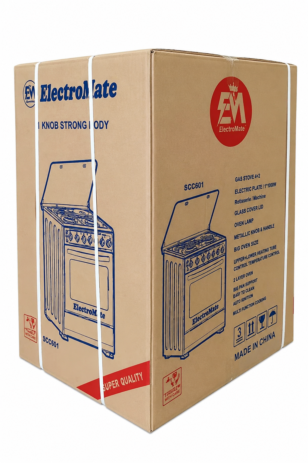 ElectroMate Cooker 60x60 3 Gas + 1 Electric Plate Electric Oven Rotisserie Timer Black