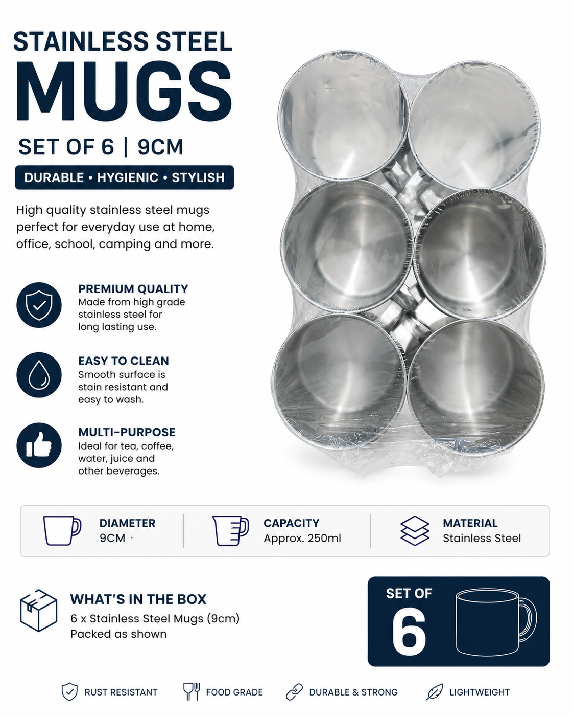 Mugs Set Stainless Steel of 6 – 9cm Durable Metal Cups for Tea, Coffee & Drinks