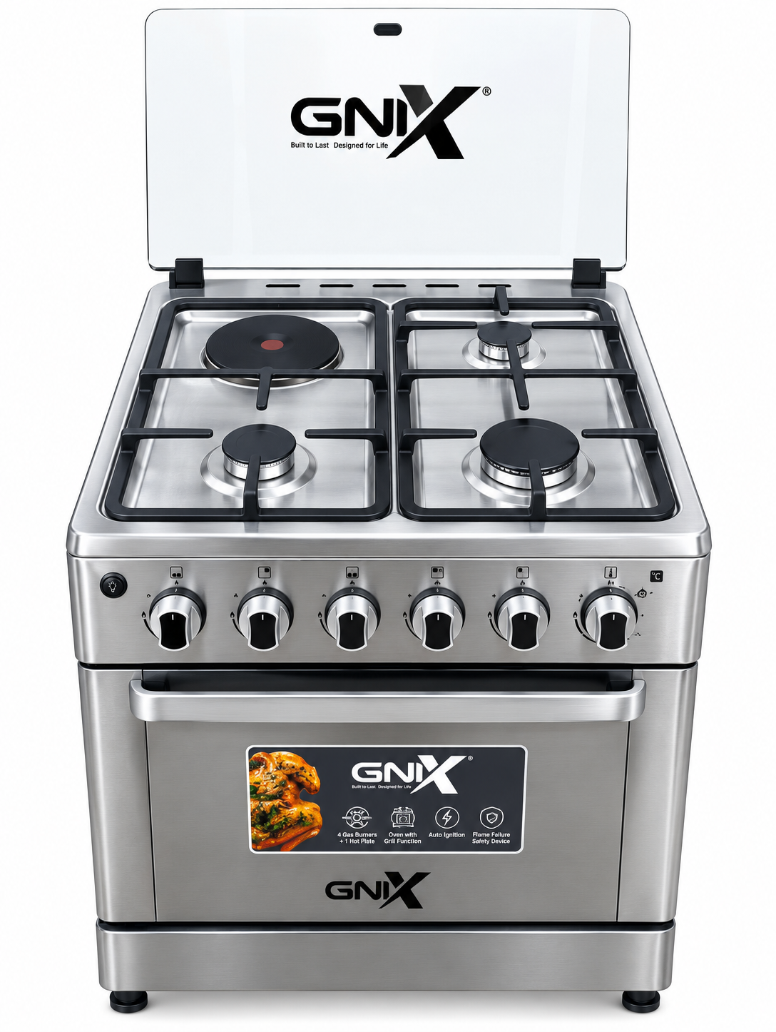 GNIX 60x60 Free Standing Cooker 3 Gas Burners + 1 Rapid Hotplate, Electric Oven, Rotisserie, Auto Ignition