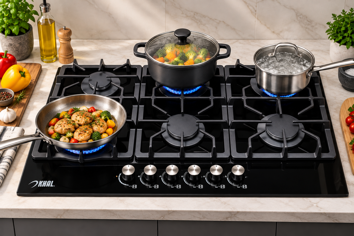 Khal Hob 6 Gas Burner with 1 Wok Burner, Black Glass 90cm ID-6002