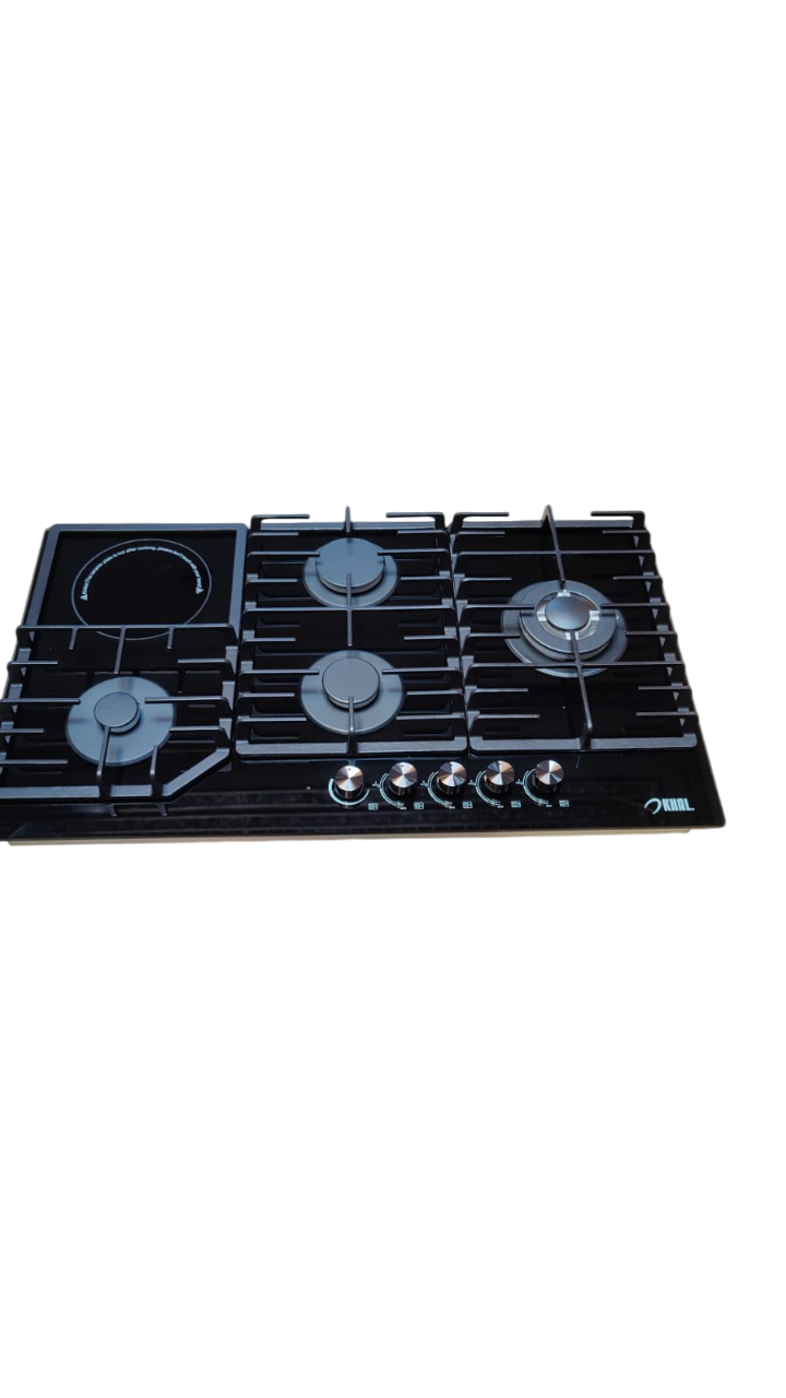 Khal Hob 4 Gas(1 WOK) + 1 Electric Ceramic Plate ,Black Glass 90cm ID-5003