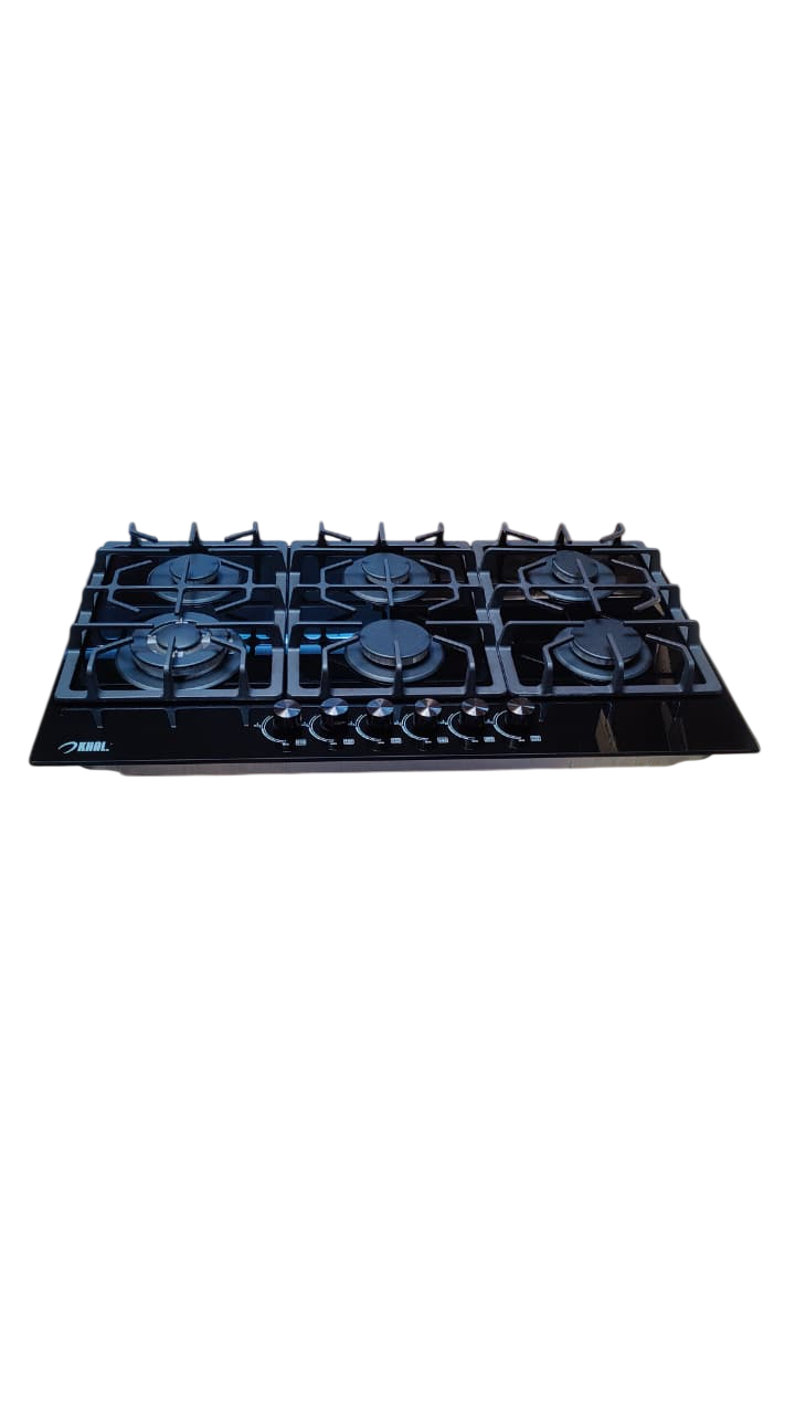 Khal Hob 6 Gas Burner with 1 Wok Burner, Black Glass 90cm ID-6002