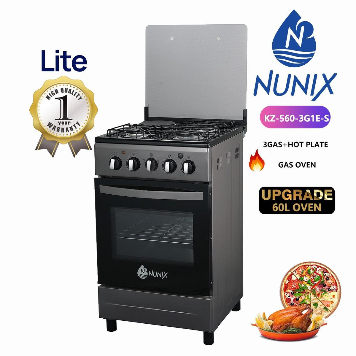 Nunix Cooker Free standing 3 Gas Burner, 1 Electric plate With Gas Oven KZ-560-3G1E-S-50×55cm