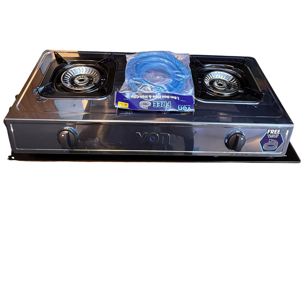 VON Cooker 2 Burner Gas Table Top Enamel Coated, Stainless Steel With 1.5M Free Gas Pipe VCT2XWGX