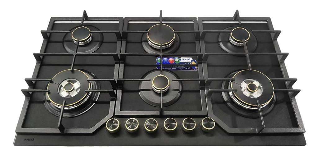 Bolesi 6 Burner Built-In Gas Hob with 2 WOK Burners, Golden Diamond Series Tempered Glass Cooker