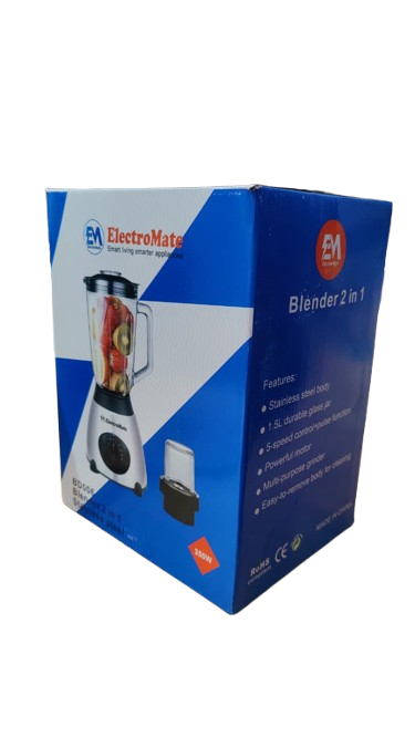 ElectroMate 2 In 1 Blender With Grinder 1.5L Glass Jar, 350W High Power, Stainless Steel Body, Multi-Speed Control Silver