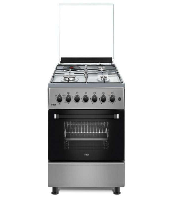 Mika Cooker, 58cm x 58cm, 3 Gas Pool Jet Burners + 1 RAPID Hot Plate, Button Ignition, 3 Function Electric Oven, Silver