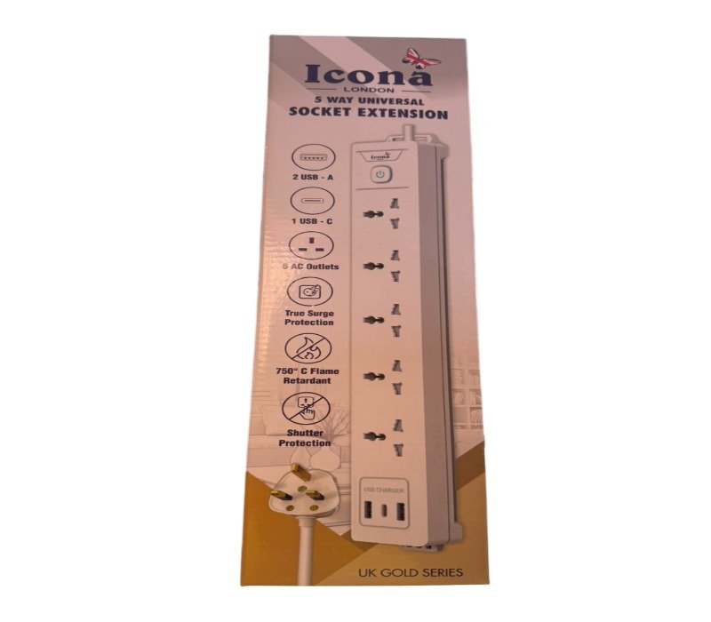 Icona Extension 5 Way Power With Surge Protector And USB 3M