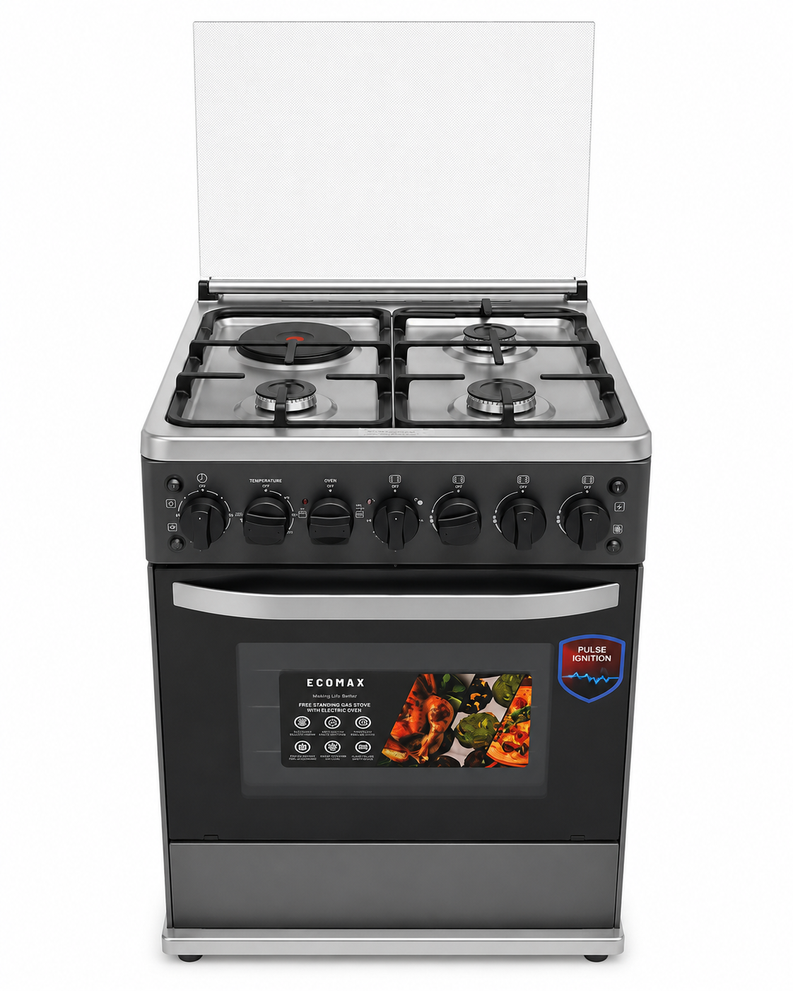 Ecomax cooker lx-880u 60x60cm 3 gas + 1 electric with electric oven, rotisserie, grill and gas sensor-Gray