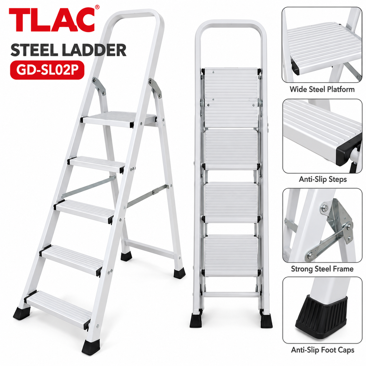 TLAC Foldable Steel Ladder GD-SL02P – White, Heavy-Duty Multipurpose Household Step Ladder