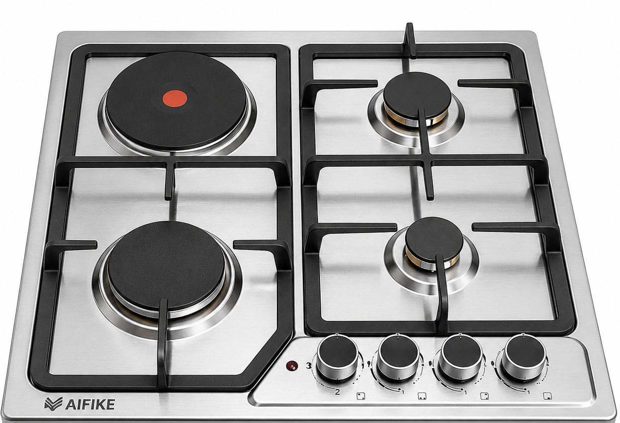 AIFIKE Built-In Hob 60CM 3 Gas Burners and 1 Electric Hotplate with Heavy Duty Cast Iron Supports