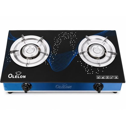Olelon 2 Burner Glass Top Gas Cooker  Table Top LPG Stove, Tempered Glass Surface, Energy Saving Burners