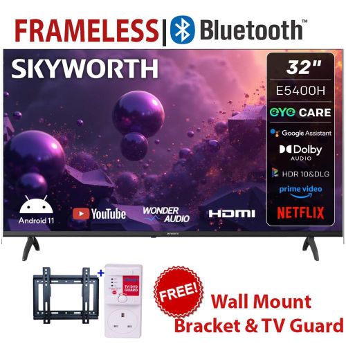Skyworth 32 Inch Smart Android TV, FHD, Frameless, Decoder, Netflix, YouTube +FREE BRACKET+TV GUARD (1YR Warranty)