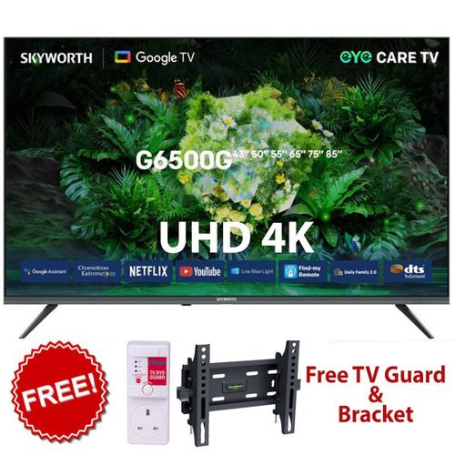 Skyworth TV 43G6500G 43" Inch 4K UHD Google TV Frameless ,Dolby Audio, HDR10, Bluetooth,Voice Control,Wi-Fi+FREE TV GUARD+TILT BRACKET