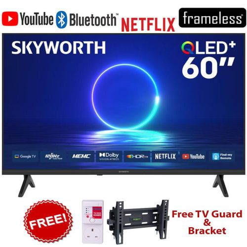 Skyworth Tv 60" Inch Smart TV ,4K QLED Google TV, HDR Display, Voice Control, WiFi & Bluetooth+BRACKET+TV GUARD