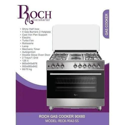 Roch Free Standing Cooker 60×90 – 4 Gas Burners + 2 Electric Hot Plates