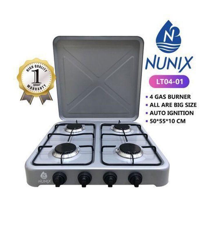 Nunix Cooker, 4 Burner Table Top Gas Cooker Stove - Metallic Grey LT04-01