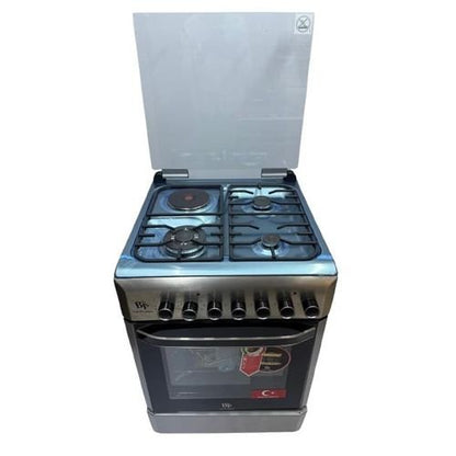 Bjs Eminence 60x60 Cooker 3 Gas Burners + 1 Electric Plate, rapid plate, WOK triple ring burner, sensor, blue enamel oven, turbo fan, food warmer, Stainless Steel. Silver