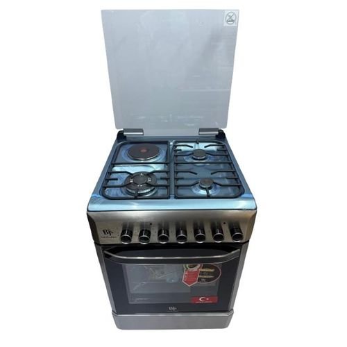 Bjs Eminence 60x60 Cooker 3 Gas Burners + 1 Electric Plate, rapid plate, WOK triple ring burner, sensor, blue enamel oven, turbo fan, food warmer, Stainless Steel. Silver