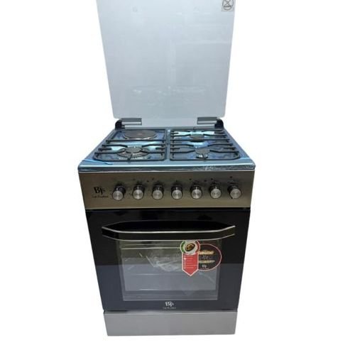 Bjs Everest 60x60 Cooker 3 Gas Burners + 1 Electric Plate, rapid plate, WOK triple ring burner, sensor, blue enamel oven, turbo fan, food warmer, Stainless Steel. Silver