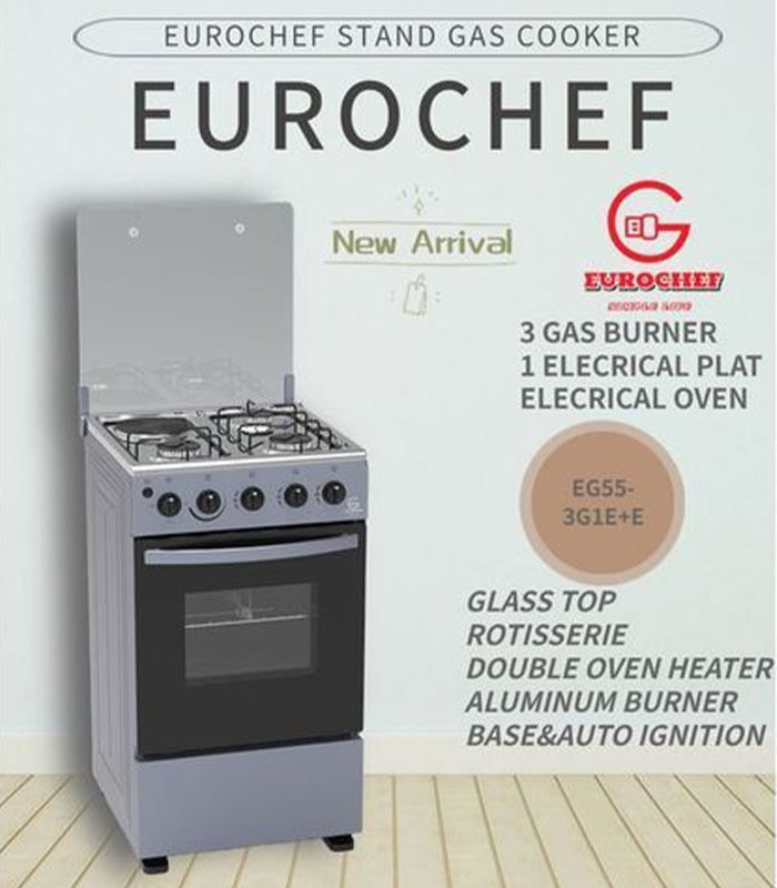Eurochef Cooker EG55-3G1E+E OVEN Free Stand Glass Top Cooker, rotisserie Silver,