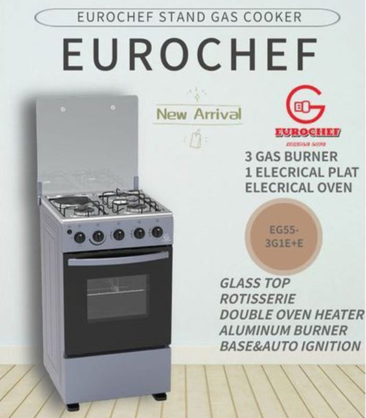 Eurochef Cooker EG55-3G1E+E OVEN Free Stand Glass Top Cooker, rotisserie Silver,