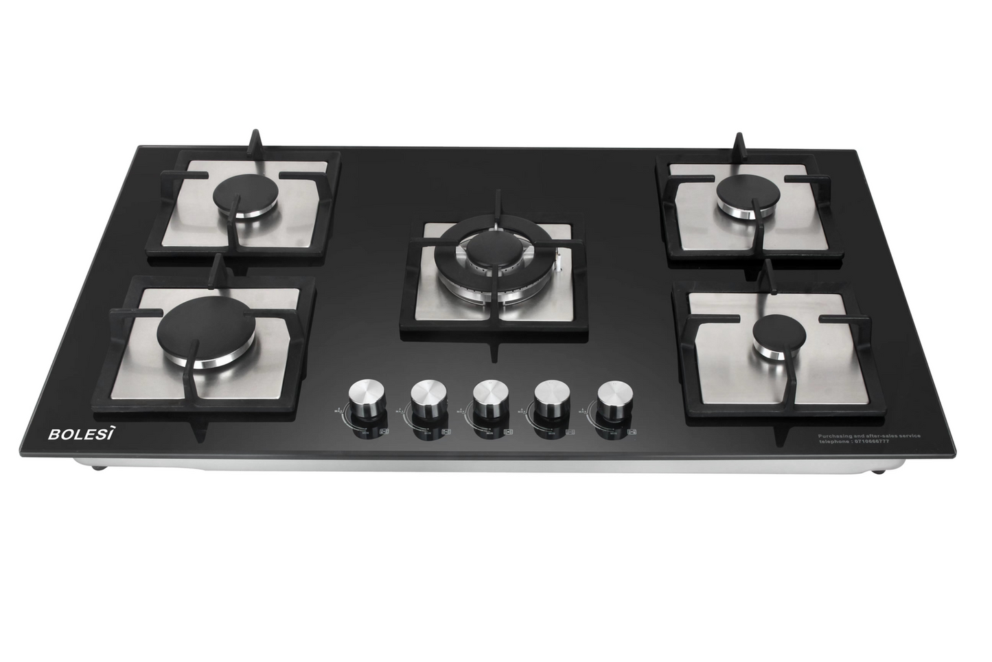 Bolesi 5 Burner With 1 Wok Built-In Gas Hob 90CM  Tempered Glass Top, Cast Iron Pan Support  HOB-HB-59002