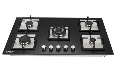 Bolesi Hob 5 Burner With 1 Wok Built-In Gas Hob 90CM  Tempered Glass Top, Cast Iron Pan Support  HOB-HB-59002