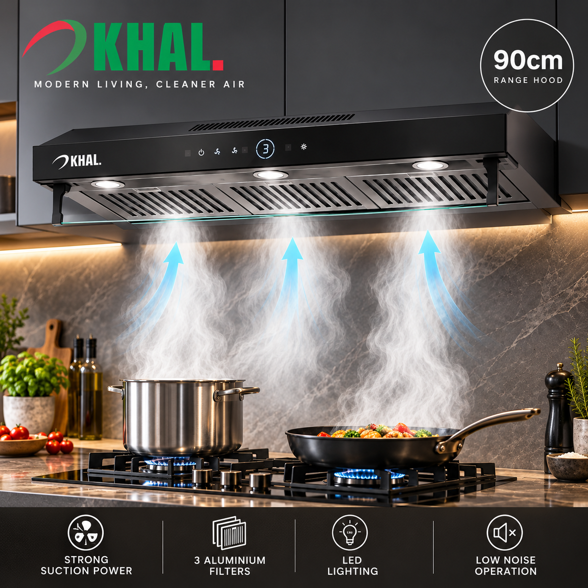 KHAL Hood undercabinet with Palm Sensor, Touch Control,Non Stick Filters,Black 90cm ID-90