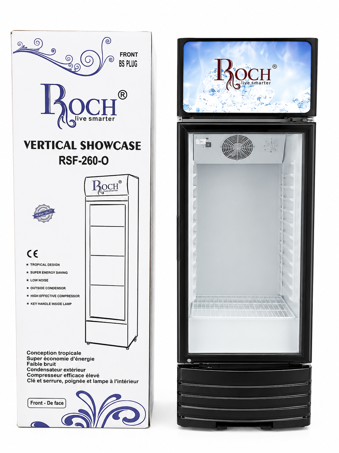 Roch Chiller RSF-260-O 209L Vertical Showcase Refrigerator – Glass Door, 4 Adjustable Shelves, Interior Light, Lock And  Key