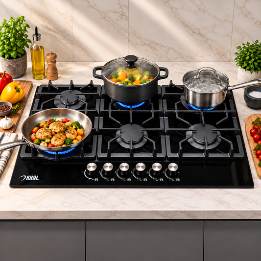 Khal Hob 6 Gas Burner with 1 Wok Burner, Black Glass 90cm ID-6002