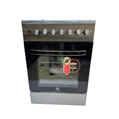 Bjs Everest 60x60 Cooker 3 Gas Burners + 1 Electric Plate, rapid plate, WOK triple ring burner, sensor, blue enamel oven, turbo fan, food warmer, Stainless Steel. Silver