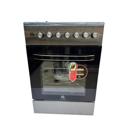 Bjs Everest 60x60 Cooker 3 Gas Burners + 1 Electric Plate, rapid plate, WOK triple ring burner, sensor, blue enamel oven, turbo fan, food warmer, Stainless Steel. Silver