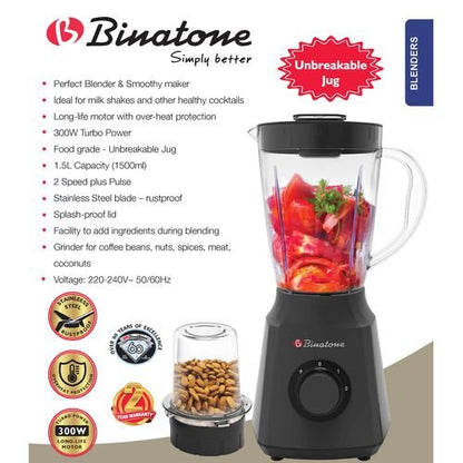 Binatone Blender with Grinder1.5L 300W Gray BLG-412 2Years Warranty
