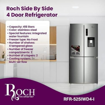 Roch Fridge Side By Side 420L Multi Cooling and ACS Technology Silver RFR-525IWD4-I