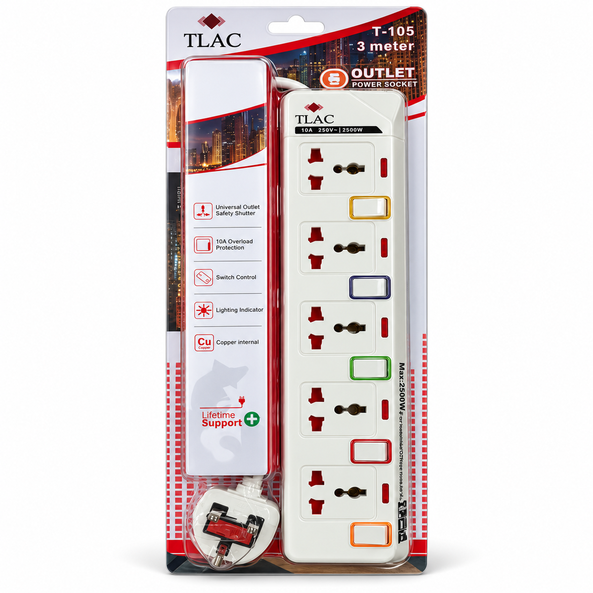 TLAC Extension cable 6 Way Power With Surge Protector T-106