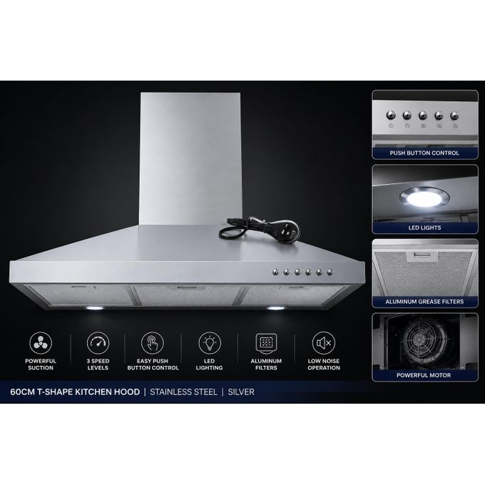 Roch Hood T-Shape Kitchen Hood 60CM Silver Stainless Steel Cooker Hood With LED Lights, 3 Speed Extraction &amp; Aluminum Filters