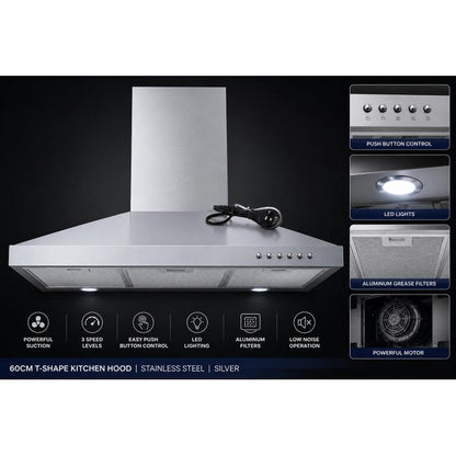 Roch Hood T-Shape Kitchen Hood 60CM Silver Stainless Steel Cooker Hood With LED Lights, 3 Speed Extraction &amp; Aluminum Filters