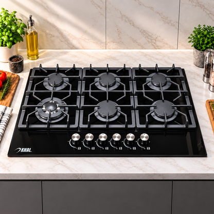 Khal Hob 6 Gas Burner with 1 Wok Burner, Black Glass 90cm ID-6002