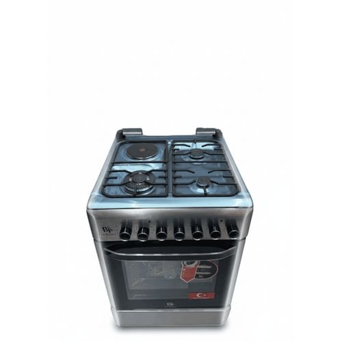 Bjs Eminence 60x60 Cooker 3 Gas Burners + 1 Electric Plate, rapid plate, WOK triple ring burner, sensor, blue enamel oven, turbo fan, food warmer, Stainless Steel. Silver