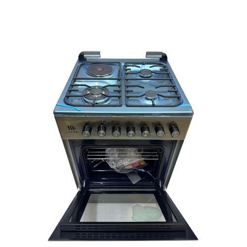 Bjs Everest 60x60 Cooker 3 Gas Burners + 1 Electric Plate, rapid plate, WOK triple ring burner, sensor, blue enamel oven, turbo fan, food warmer, Stainless Steel. Silver